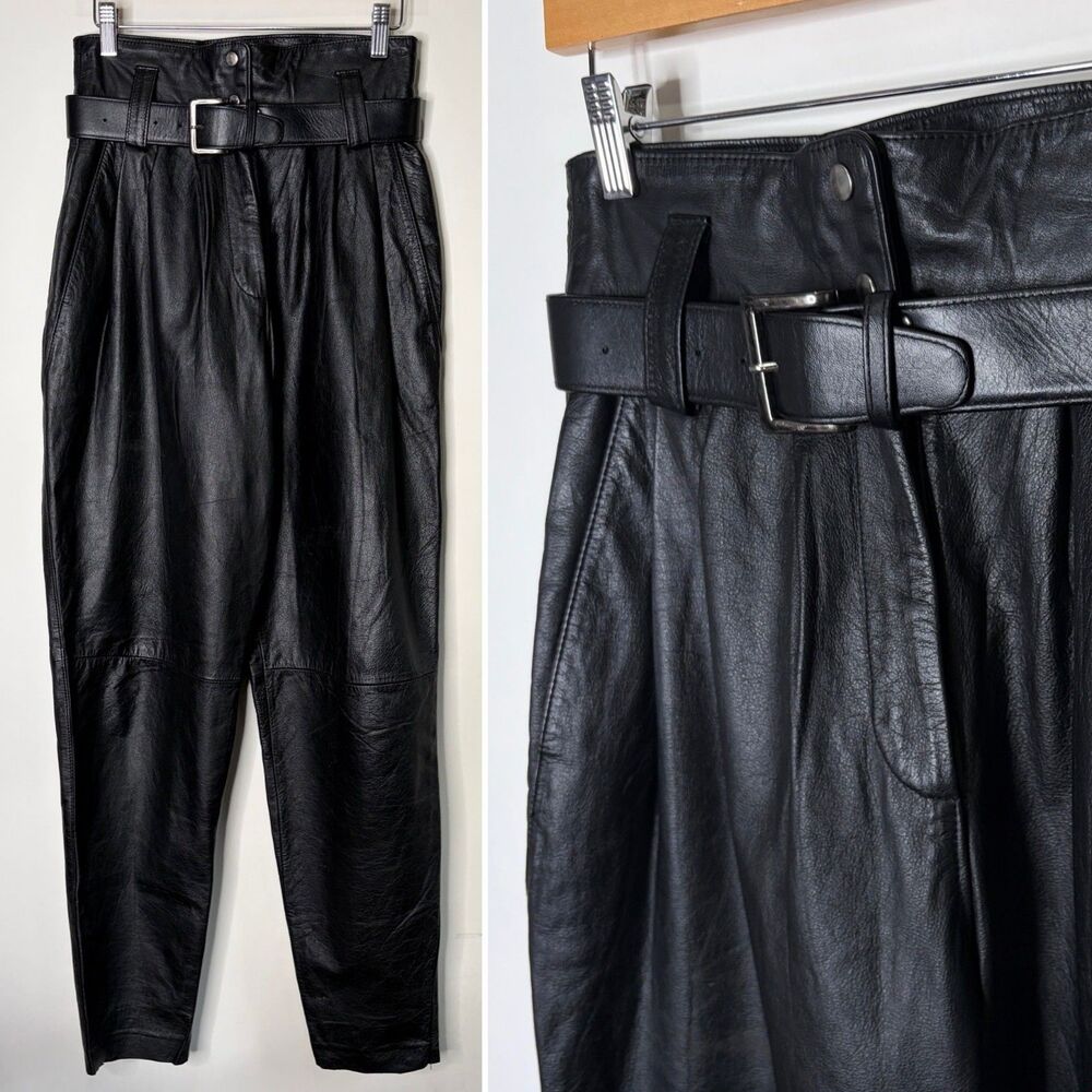 Vintage Wilsons Leather Pants Black High Paperbag Waist With Belt Women XS S 8